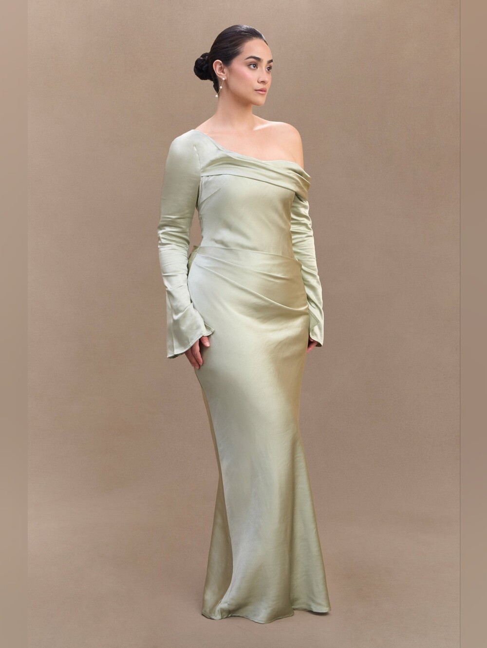 Meshki Iris Maxi Dress - Sage Satin One-Shoulder Long Sleeve XL NWT $259 - Picture 12 of 12